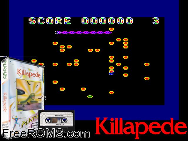 Killapede (UK) (1986) [a2] Amstrad CPC game showing 3D box cover and gameplay screenshot